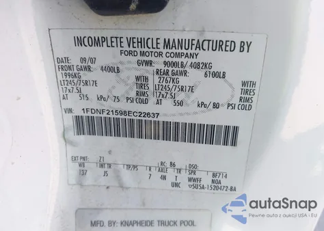 2008 Ford F-250 Xl/Xlt z USA, uszkodzony, nr VIN 1FDNF21598EC22637